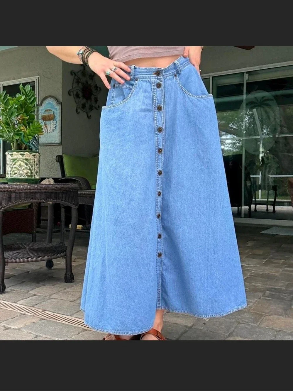 White Stag Light Blue Button-Front Denim Maxi Skirt - Picture 1 of 5